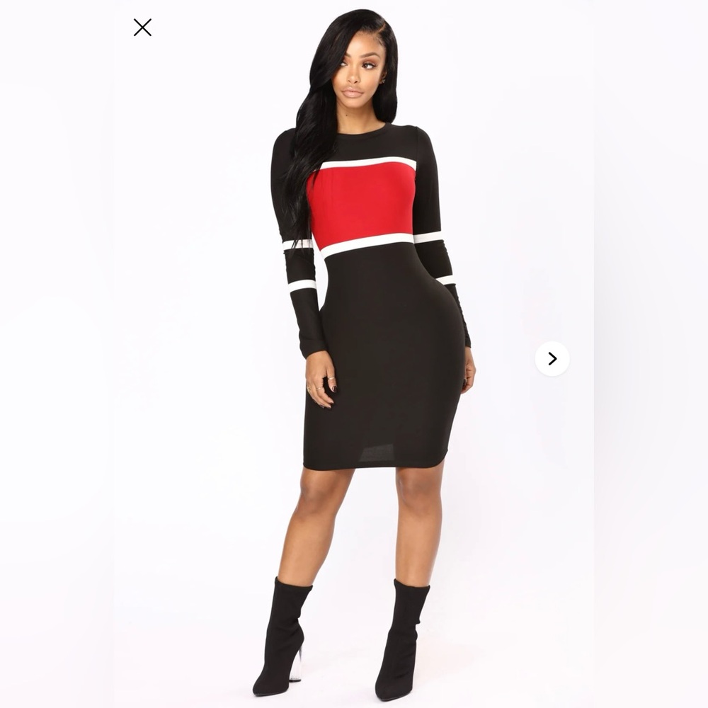 Fashion Nova Red and Black Midi Long Sleeve Crew Neck Dress